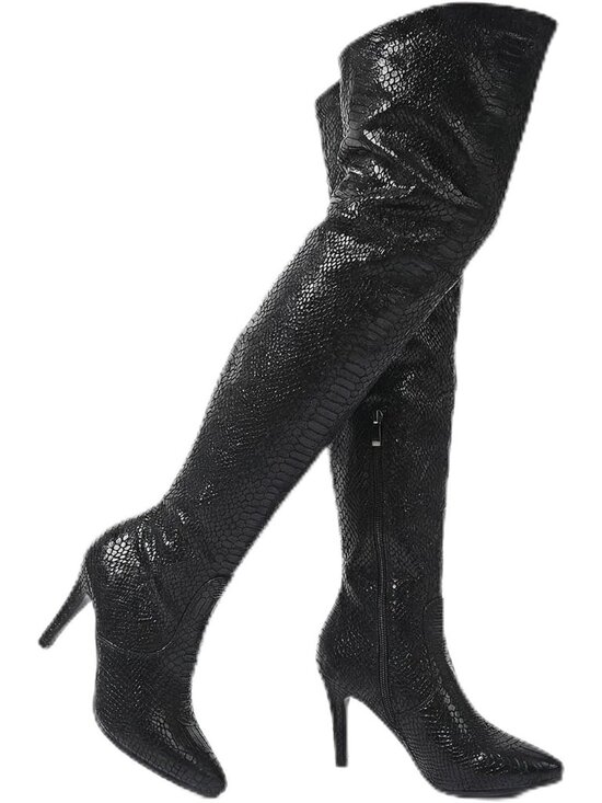 Shoes - Women's Black Pointed Toe Chunky Heel Side Zipper Over The Knee High Boots